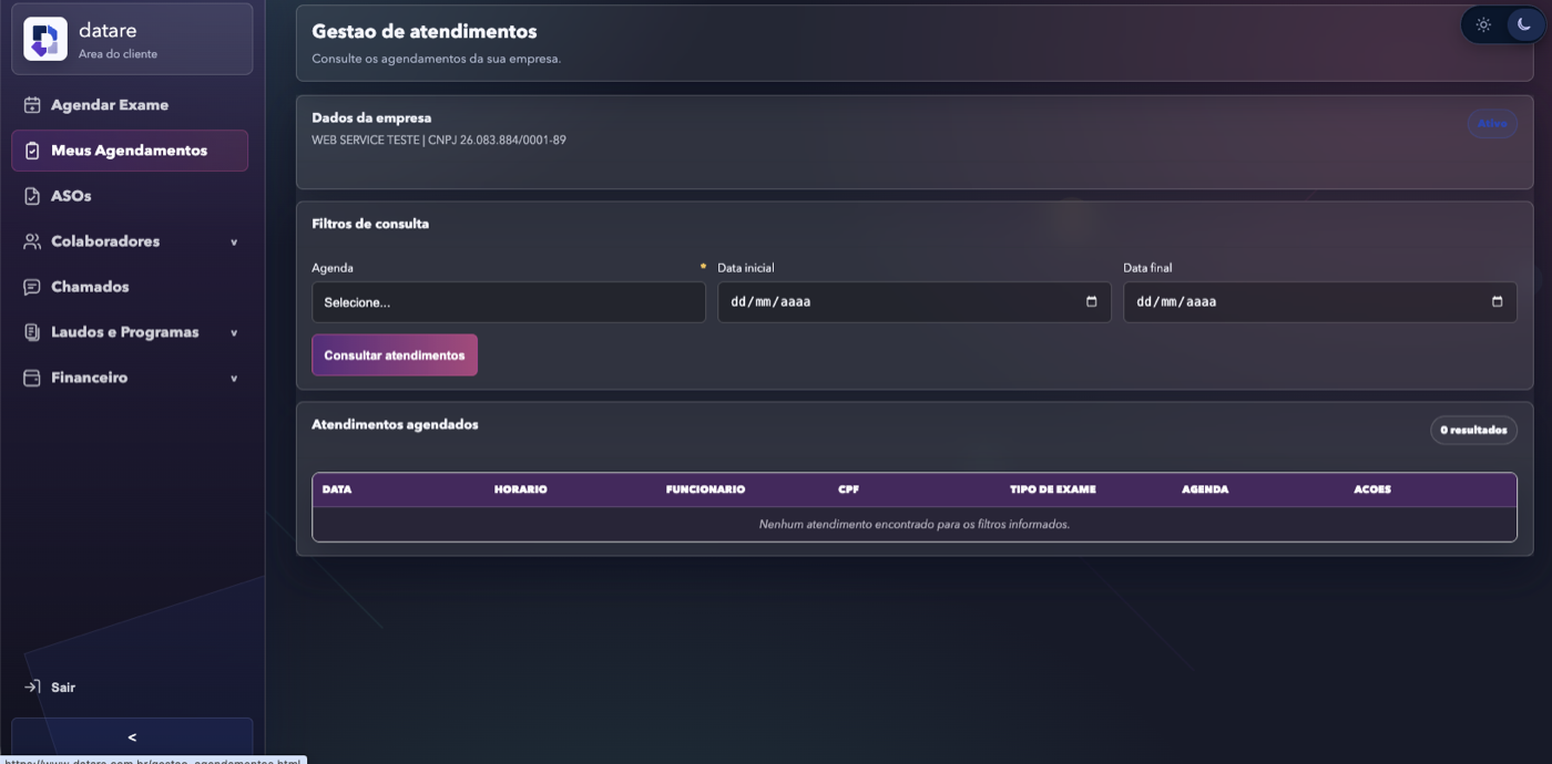 Gestão de atendimentos do Datare, com filtro por agenda e período e a lista de atendimentos agendados