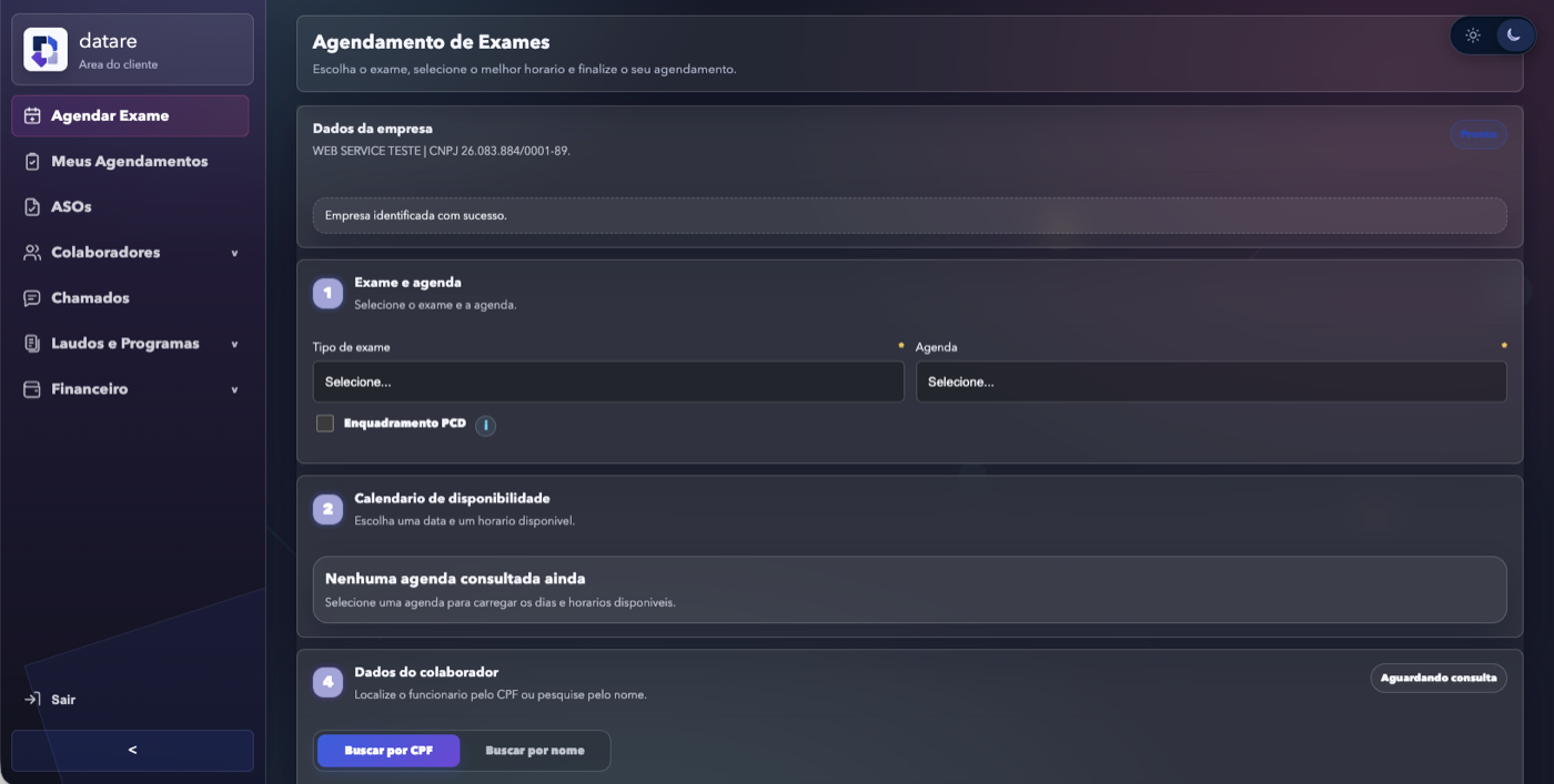 Tela de agendamento de exames do Datare, com os dados da empresa, a escolha de exame e agenda e o calendário de disponibilidade